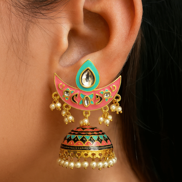 Kundan Polki Pink MeenaKari Jumki With Pearl Droplets - Image 4
