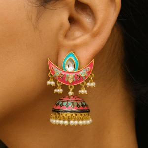 Kundan Polki Pink MeenaKari Jumki With Pearl Droplets