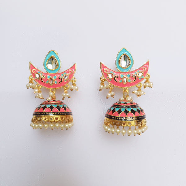 Kundan Polki Pink MeenaKari Jumki With Pearl Droplets - Image 2