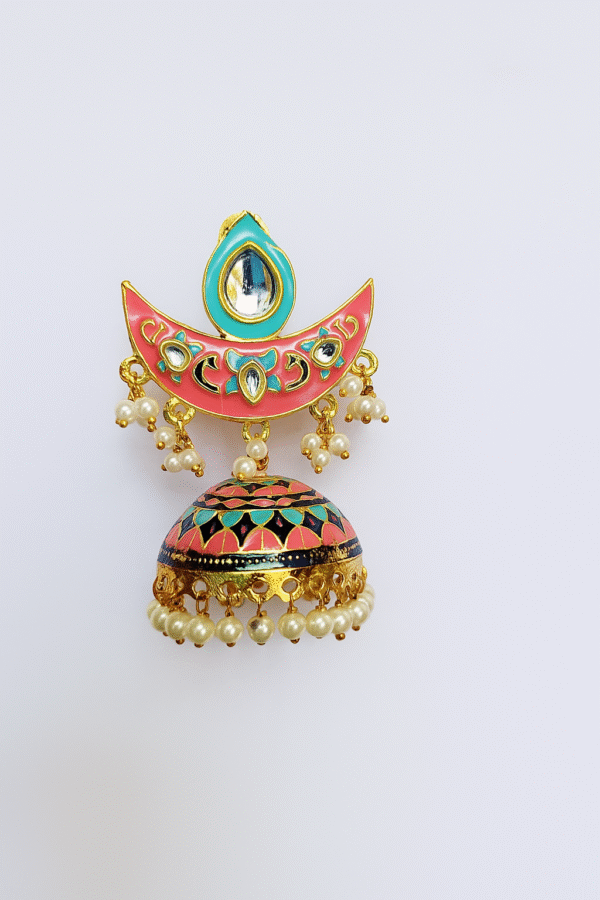 Kundan Polki Pink MeenaKari Jumki With Pearl Droplets - Image 3