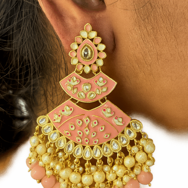 Grace in Every Drop – Meenakari Kundan Pearl Beads Jhumkas - Image 3