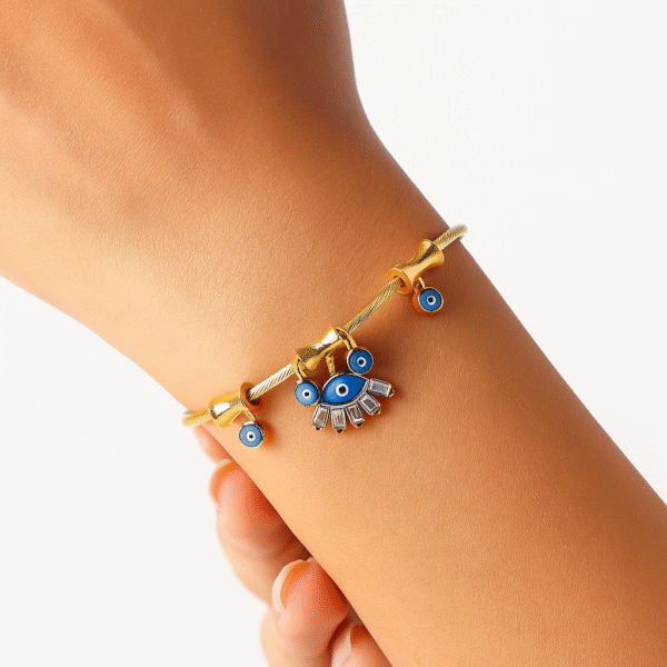 Gold Plated Bracelet with Hanging Evil Eye Charms with Magnetic Lock - Image 4