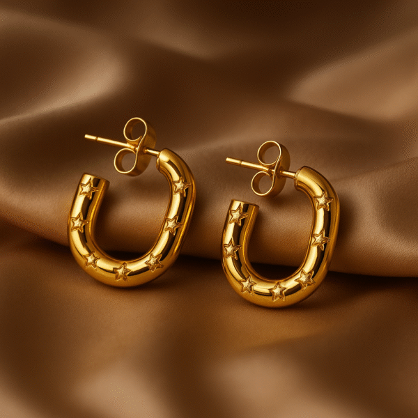 Golden Round Hoops with Engraved Star Accents - Image 2