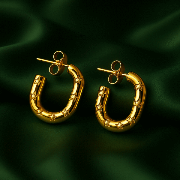Golden Round Hoops with Engraved Star Accents - Image 4