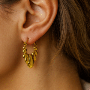 Stylish Elongated Criss Patterned Gold Hoops