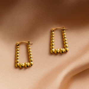 Rectangle-Shaped Golden Hoops with Delicate Heart Accents