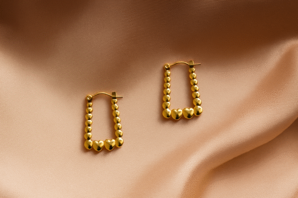 Rectangle-Shaped Golden Hoops with Delicate Heart Accents