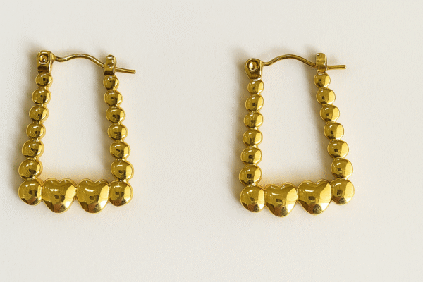Rectangle-Shaped Golden Hoops with Delicate Heart Accents - Image 3